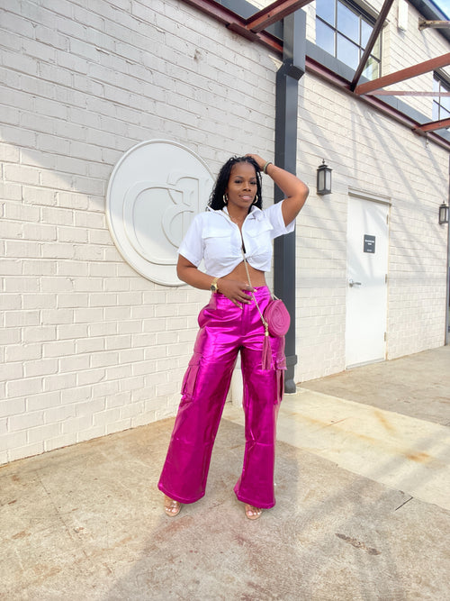 Metallic Leather Cargo Pants