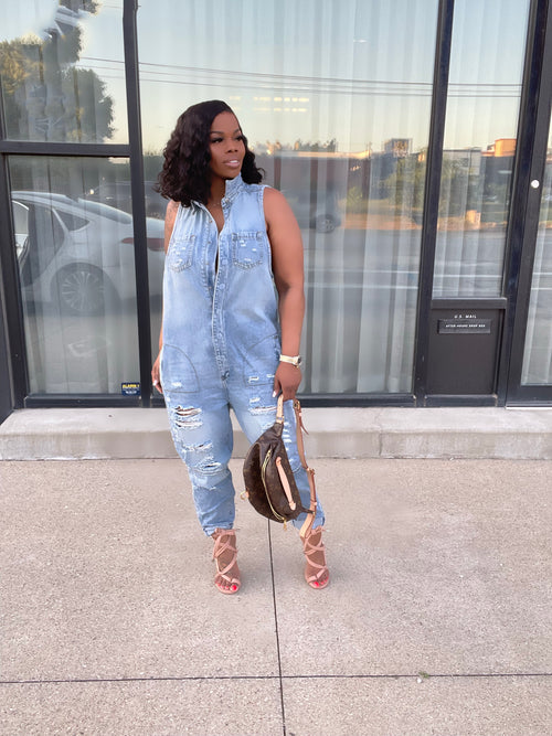 Denim Jumpsuit with Distressing